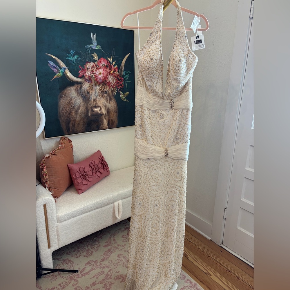 Sherri Hill Cream Halter Prom Dress